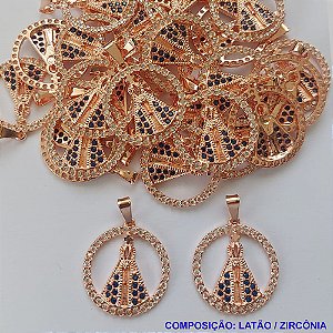 PINGENTE NO BRUTO PRONTO PARA O BANHO (CX23)- PINGENTE MEDALHA VAZADA NOSSA SRA APARECIDA CRAVEJADO COM MICRO ZIRCONIAS COMPOSIÇÃO: ZIRCÔNIA / LATÃO - TAMANHO 22MM -  PESO TOTAL 2,4GR - BRU0001456