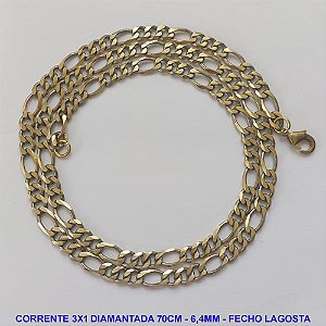 CORRENTE MASCULINA NO BRUTO PRONTO PARA O BANHO - CORRENTE 3X1 ELLO BATIDO DIAMANTADA (M31158) - COMPRIMENTO: 70CM - LARGURA 6,4MM - ESPESSURA: 1,5MM - FECHO LAGOSTA - PESO 31,3GR - COMPOSIÇÃO: 100% LATÃO - BRU9263