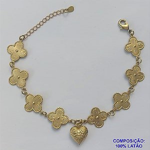 PULSEIRA NO BRUTO PRONTO PARA O BANHO - PULSEIRA FEMININA COM 8 PINGENTES TIPO VAN CLEEF 15MM - COM CORAÇÃO DUPLO 13MM - TAMANHO 18CM COM EXTENSOR E FECHO LAGOSTA - PESO 6GR - BRU9267