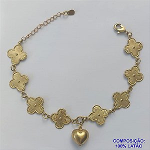 PULSEIRA NO BRUTO PRONTO PARA O BANHO - PULSEIRA FEMININA COM 8 PINGENTES TIPO VAN CLEEF 15MM - COM CORAÇÃO DUPLO LISO 13MM - TAMANHO 18CM COM EXTENSOR E FECHO LAGOSTA - PESO 6,2GR - BRU9268