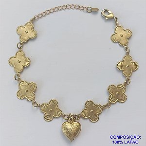 PULSEIRA NO BRUTO PRONTO PARA O BANHO - PULSEIRA FEMININA COM 8 PINGENTES TIPO VAN CLEEF 15MM - COM CORAÇÃO PALAVRA LOVE 13MM - TAMANHO 18CM COM EXTENSOR E FECHO LAGOSTA - PESO 6GR - BRU9270