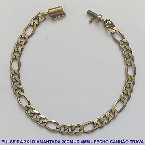 PULSEIRA MASCULINA NO BRUTO PRONTO PARA O BANHO - COM CORRENTE 3X1 ELLO BATIDO DIAMANTADA (M31158) - COMPRIMENTO: 20CM - LARGURA 6,4MM - ESPESSURA: 1,5MM - FECHO CANHÃO COM TRAVA - PESO 10GR - COMPOSIÇÃO: 100% LATÃO - BRU9279