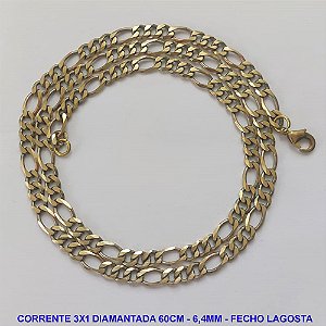 CORRENTE MASCULINA NO BRUTO PRONTO PARA O BANHO - CORRENTE 3X1 ELLO BATIDO DIAMANTADA (M31158) - COMPRIMENTO: 60CM - LARGURA 6,4MM - ESPESSURA: 1,5MM - FECHO LAGOSTA - PESO 26,9GR - COMPOSIÇÃO: 100% LATÃO - BRU9283