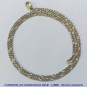CORRENTE MASCULINA NO BRUTO PRONTO PARA O BANHO - CORRENTE 3X1 ELLO BATIDO DIAMANTADA (M3188) - COMPRIMENTO: 50CM - LARGURA 3,2MM - ESPESSURA: 0,8MM - FECHO LAGOSTA - PESO 6,6GR - COMPOSIÇÃO: 100% LATÃO - BRU9286