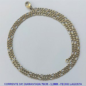 CORRENTE MASCULINA NO BRUTO PRONTO PARA O BANHO - CORRENTE 3X1 ELLO BATIDO DIAMANTADA (M3188) - COMPRIMENTO: 70CM - LARGURA 3,2MM - ESPESSURA: 0,8MM - FECHO LAGOSTA - PESO 9,2GR - COMPOSIÇÃO: 100% LATÃO - BRU9288