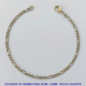 PULSEIRA MASCULINA NO BRUTO PRONTO PARA O BANHO - PULSEIRA 3X1 ELLO BATIDO DIAMANTADA (M3188) - COMPRIMENTO: 20CM - LARGURA 3,2MM - ESPESSURA: 0,8MM - FECHO LAGOSTA - PESO 2,9GR - COMPOSIÇÃO: 100% LATÃO - BRU9289