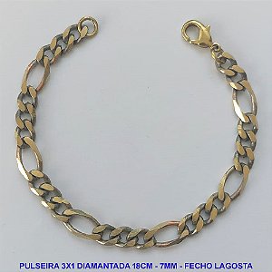 PULSEIRA MASCULINA NO BRUTO PRONTO PARA O BANHO - PULSEIRA 3X1 ELLO BATIDO DIAMANTADA (M31188) - COMPRIMENTO: 18CM - LARGURA 7MM - ESPESSURA: 1,8MM - FECHO LAGOSTA - PESO 12,2GR - COMPOSIÇÃO: 100% LATÃO - BRU9290