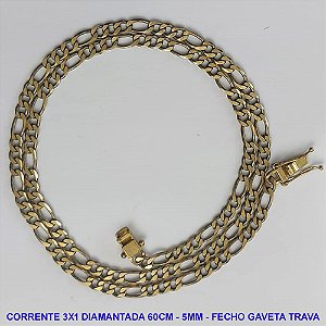 CORRENTE MASCULINA NO BRUTO PRONTO PARA O BANHO - CORRENTE 3X1 ELLO BATIDO DIAMANTADA (M31128) - COMPRIMENTO: 60CM - LARGURA 5MM - ESPESSURA: 1,2MM - FECHO GAVETA TRAVA DUPLA - PESO 18,4GR - COMPOSIÇÃO: 100% LATÃO - BRU9307