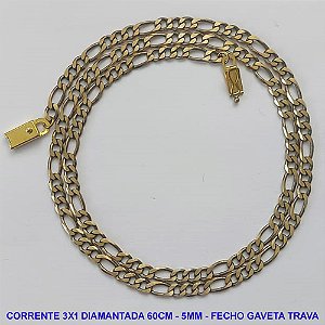 CORRENTE MASCULINA NO BRUTO PRONTO PARA O BANHO - CORRENTE 3X1 ELLO BATIDO DIAMANTADA (M31128) - COMPRIMENTO: 60CM - LARGURA 5MM - ESPESSURA: 1,2MM - FECHO GAVETA TRAVA - PESO 17,3GR - COMPOSIÇÃO: 100% LATÃO - BRU9308