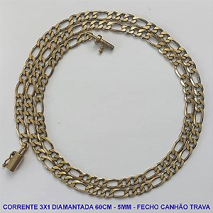 CORRENTE MASCULINA NO BRUTO PRONTO PARA O BANHO - CORRENTE 3X1 ELLO BATIDO DIAMANTADA (M31128) - COMPRIMENTO: 60CM - LARGURA 5MM - ESPESSURA: 1,2MM - FECHO CANHÃO COM TRAVA - PESO 18GR - COMPOSIÇÃO: 100% LATÃO - BRU9310