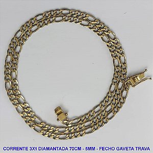CORRENTE MASCULINA NO BRUTO PRONTO PARA O BANHO - CORRENTE 3X1 ELLO BATIDO DIAMANTADA (M31128) - COMPRIMENTO: 70CM - LARGURA 5MM - ESPESSURA: 1,2MM - FECHO GAVETA TRAVA DUPLA - PESO 21,1GR - COMPOSIÇÃO: 100% LATÃO - BRU9312