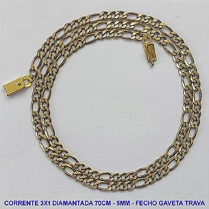 CORRENTE MASCULINA NO BRUTO PRONTO PARA O BANHO - CORRENTE 3X1 ELLO BATIDO DIAMANTADA (M31128) - COMPRIMENTO: 70CM - LARGURA 5MM - ESPESSURA: 1,2MM - FECHO GAVETA TRAVA - PESO 20GR - COMPOSIÇÃO: 100% LATÃO - BRU9313