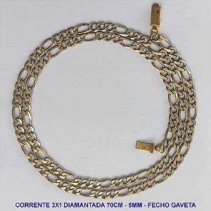 CORRENTE MASCULINA NO BRUTO PRONTO PARA O BANHO - CORRENTE 3X1 ELLO BATIDO DIAMANTADA (M31128) - COMPRIMENTO: 70CM - LARGURA 5MM - ESPESSURA: 1,2MM - FECHO GAVETA - PESO 19,8GR - COMPOSIÇÃO: 100% LATÃO - BRU9314