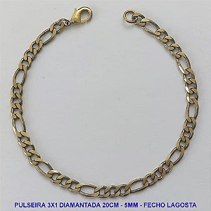 PULSEIRA MASCULINA NO BRUTO PRONTO PARA O BANHO - PULSEIRA 3X1 ELLO BATIDO DIAMANTADA (M31128) - COMPRIMENTO: 20CM - LARGURA 5MM - ESPESSURA: 1,2MM - FECHO LAGOSTA - PESO 5,8GR - COMPOSIÇÃO: 100% LATÃO - BRU9318