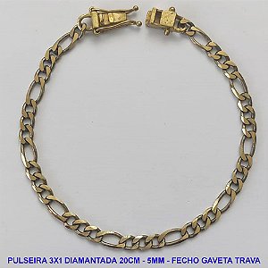 PULSEIRA MASCULINA NO BRUTO PRONTO PARA O BANHO - PULSEIRA 3X1 ELLO BATIDO DIAMANTADA (M31128) - COMPRIMENTO: 20CM - LARGURA 5MM - ESPESSURA: 1,2MM - FECHO GAVETA COM TRAVA DUPLA - PESO 7,5GR - COMPOSIÇÃO: 100% LATÃO - BRU9320