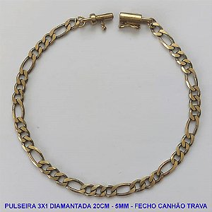 PULSEIRA MASCULINA NO BRUTO PRONTO PARA O BANHO - PULSEIRA 3X1 ELLO BATIDO DIAMANTADA (M31128) - COMPRIMENTO: 20CM - LARGURA 5MM - ESPESSURA: 1,2MM - FECHO CANHÃO COM TRAVA - PESO 7,1GR - COMPOSIÇÃO: 100% LATÃO - BRU9321