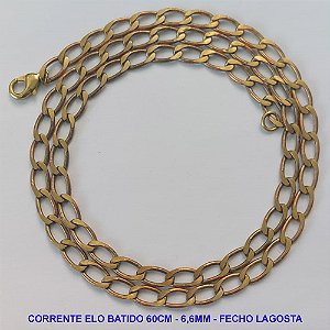 CORRENTE MASCULINA NO BRUTO PRONTO PARA O BANHO - CORRENTE ELO BATIDO (M01158) - COMPRIMENTO: 60CM - LARGURA 6,6MM - ESPESSURA: 1,5MM - FECHO LAGOSTA - PESO 23,2GR - COMPOSIÇÃO: 100% LATÃO - BRU9325