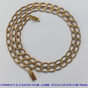 CORRENTE MASCULINA NO BRUTO PRONTO PARA O BANHO - CORRENTE ELO BATIDO (M01158) - COMPRIMENTO: 60CM - LARGURA 6,6MM - ESPESSURA: 1,5MM - FECHO GAVETA COM TRAVA - PESO 23,2GR - COMPOSIÇÃO: 100% LATÃO - BRU9326