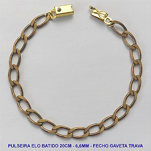 PULSEIRA MASCULINA NO BRUTO PRONTO PARA O BANHO - PULSEIRA ELO BATIDO (M01158) - COMPRIMENTO: 20CM - LARGURA 6,6MM - ESPESSURA: 1,5MM - FECHO GAVETA COM TRAVA - PESO 8,8GR - COMPOSIÇÃO: 100% LATÃO - BRU9332