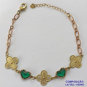 PULSEIRA NO BRUTO PRONTO PARA O BANHO - PULSEIRA TIPO VAN CLEEF COM 3 PINGENTES 15MM E 2 FORMATO CORAÇÃO EM VIDRO VERDE - TAMANHO 18CM COM FECHO LAGOSTA + EXTENSOR - PESO 4,9GR - BRU9341