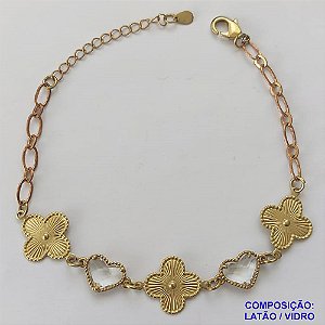 PULSEIRA NO BRUTO PRONTO PARA O BANHO - PULSEIRA TIPO VAN CLEEF COM 3 PINGENTES 15MM E 2 FORMATO CORAÇÃO EM VIDRO CRISTAL - TAMANHO 18CM COM FECHO LAGOSTA + EXTENSOR - PESO 4,9GR - BRU9342