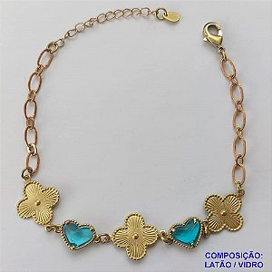 PULSEIRA NO BRUTO PRONTO PARA O BANHO - PULSEIRA TIPO VAN CLEEF COM 3 PINGENTES 15MM E 2 FORMATO CORAÇÃO EM VIDRO AZUL - TAMANHO 18CM COM FECHO LAGOSTA + EXTENSOR - PESO 4,9GR - BRU9343