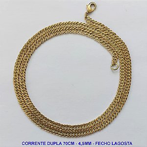 CORRENTE MASCULINA NO BRUTO PRONTO PARA O BANHO - CORRENTE DUPLA (XCN172) - COMPRIMENTO: 70CM - LARGURA 4,5MM - FECHO LAGOSTA - PESO 18,8GR - COMPOSIÇÃO: 100% LATÃO - BRU9346