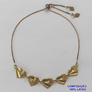 PULSEIRA GRAVATINHA  NO BRUTO PRONTO PARA O BANHO(5103) - PULSEIRA AJUSTÁVEL COM 5 PINGENTES CORAÇÃO MARTELADO (103) - TAMANHO: 10MM - PESO 2,6GR - BRU9356