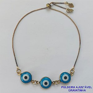PULSEIRA GRAVATINHA NO BRUTO PRONTO PARA O BANHO - PULSEIRA AJUSTÁVEL COM 3 OLHOS GREGOS - PESO 1,8GR - BRU9360