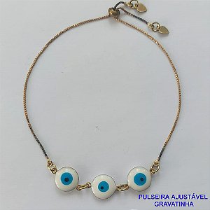PULSEIRA GRAVATINHA NO BRUTO PRONTO PARA O BANHO - PULSEIRA AJUSTÁVEL COM 3 OLHOS GREGOS - PESO 2,5GR - BRU9361