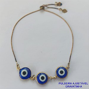 PULSEIRA GRAVATINHA NO BRUTO PRONTO PARA O BANHO - PULSEIRA AJUSTÁVEL COM 3 OLHOS GREGOS - PESO 2,9GR - BRU9362