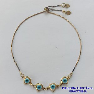 PULSEIRA GRAVATINHA NO BRUTO PRONTO PARA O BANHO - PULSEIRA AJUSTÁVEL COM 4 OLHOS GREGOS PEQUENOS - PESO 1,9GR - BRU9363
