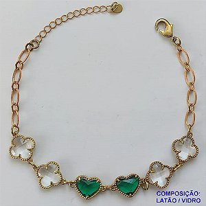 PULSEIRA NO BRUTO PRONTO PARA O BANHO - PULSEIRA TIPO VAN CLEEF COM 6 PINGENTES 11MM EM VIDRO CRISTAL E VERDE - TAMANHO 18CM COM FECHO LAGOSTA + EXTENSOR - PESO 6GR - BRU9377