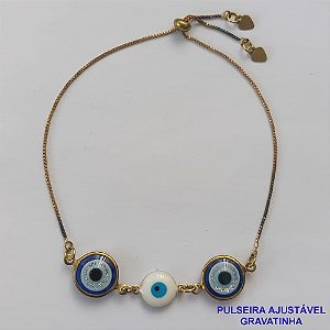 PULSEIRA GRAVATINHA NO BRUTO PRONTO PARA O BANHO - PULSEIRA AJUSTÁVEL COM 3 OLHOS GREGOS  - PESO 2,7GR - BRU9380