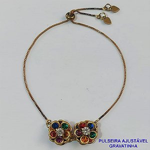 PULSEIRA GRAVATINHA NO BRUTO PRONTO PARA O BANHO - PULSEIRA AJUSTÁVEL COM DUAS FLORES CRAVEJADAS COM ZIRCÔNIAS COLORIDAS 12MM  - PESO 3,6GR - BRU9382