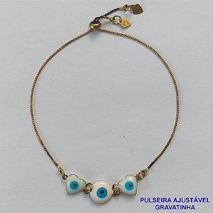 PULSEIRA GRAVATINHA NO BRUTO PRONTO PARA O BANHO - PULSEIRA AJUSTÁVEL COM 3 OLHOS GREGOS 9MM  - PESO 2,3GR - BRU9383
