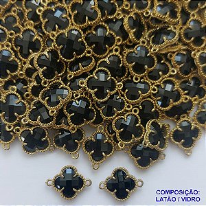 ACESSORIO NO BRUTO PRONTO PARA O BANHO - PINGENTE TIPO "VAN CLEEF" PRETO COM DUAS ARGOLINHAS - TAMANHO 11MM - PESO 0,7GR - COMPOSIÇÃO: LATÃO / VIDRO - (VENDIDA POR UNIDADE) BRU0001482