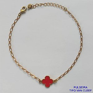 PULSEIRA NO BRUTO PRONTO PARA O BANHO - PULSEIRA TIPO VAN CLEEF COM PINGENTE 11MM VERMELHA (ESMALTADO) TAMANHO: 18CM COM FECHO LAGOSTA - PESO 1,9GR - BRU9391