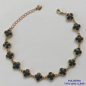 PULSEIRA NO BRUTO PRONTO PARA O BANHO - PULSEIRA TIPO VAN CLEEF EM VIDRO PRETO COM 13 PINGENTES 9MM  - PULSEIRA COM 18CM + EXTENSOR - PESO TOTAL: 8GR - COMPOSIÇÃO: LATÃO / VIDRO BRU9398