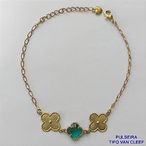 PULSEIRA NO BRUTO PRONTO PARA O BANHO - PULSEIRA TIPO VAN CLEEF COM 2 PINGENTES 15MM  E 1 PINGENTE 11MM - PULSEIRA COM 18CM + EXTENSOR - PESO TOTAL: 3,8GR - COMPOSIÇÃO: LATÃO / VIDRO BRU9402