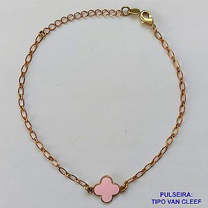 PULSEIRA NO BRUTO PRONTO PARA O BANHO - PULSEIRA TIPO VAN CLEEF COM PINGENTE 11MM ROSA (ESMALTADO) TAMANHO: 18CM COM FECHO LAGOSTA - PESO 1,9GR -  BRU9412