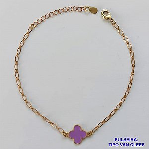 PULSEIRA NO BRUTO PRONTO PARA O BANHO - PULSEIRA TIPO VAN CLEEF COM PINGENTE 11MM LILÁS (ESMALTADO) TAMANHO: 18CM COM FECHO LAGOSTA - PESO 1,9GR -  BRU9414