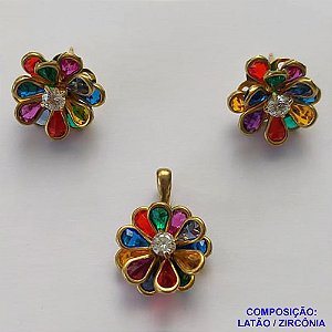 CONJUNTO NO BRUTO PRONTO PARA O BANHO - (SEM CORRENTE) PIGENTE E BRINCOS DE PINO CRAVEJADOS COM ZIRCÔNIAS COLORIDAS 16MM - PESO TOTAL 5GR -  BRU9418