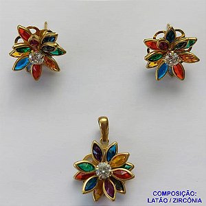 CONJUNTO NO BRUTO PRONTO PARA O BANHO - (SEM CORRENTE) PIGENTE E BRINCOS DE PINO CRAVEJADOS COM ZIRCÔNIAS COLORIDAS 16MM - PESO TOTAL 4GR -  BRU9419