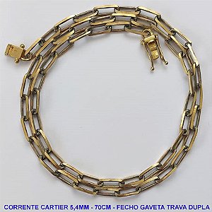 CORRENTE MASCULINA NO BRUTO PRONTO PARA O BANHO - CORRENTE CARTIER (KDL1.50) - COMPRIMENTO: 70CM - LARGURA 5,4MM - FECHO GAVETA COM TRAVA DUPLA - PESO 25,8GR - COMPOSIÇÃO: 100% LATÃO - BRU9434