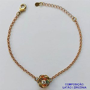 PULSEIRA NO BRUTO PRONTO PARA O BANHO - PULSEIRA COM PINGENTE FLOR CRAVEJADA COM ZIRCÔNIAS COLORIDAS 12MM - PULSEIRA COM 18CM + EXTENSOR - PESO TOTAL: 3,5GR - COMPOSIÇÃO: LATÃO / ZIRCÔNIA - BRU9447