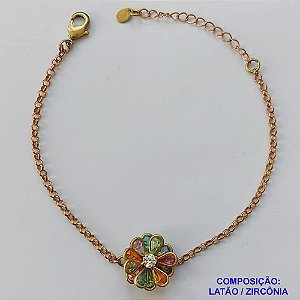 PULSEIRA NO BRUTO PRONTO PARA O BANHO - PULSEIRA COM PINGENTE FLOR CRAVEJADA COM ZIRCÔNIAS COLORIDAS 16MM - PULSEIRA COM 18CM + EXTENSOR - PESO TOTAL: 3,8GR - COMPOSIÇÃO: LATÃO / ZIRCÔNIA - BRU9449