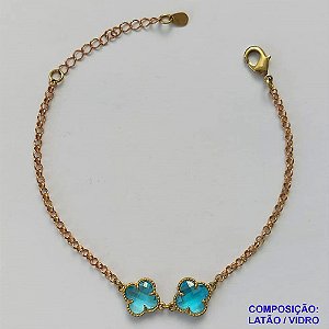 PULSEIRA NO BRUTO PRONTO PARA O BANHO - PULSEIRA TIPO VAN CLEEF COM 2 PINGENTES 11MM EM VIDRO AZUL - PULSEIRA COM 18CM + EXTENSOR - PESO TOTAL: 3,4GR - COMPOSIÇÃO: LATÃO / VIDRO BRU9453