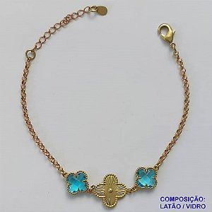 PULSEIRA NO BRUTO PRONTO PARA O BANHO - PULSEIRA TIPO VAN CLEEF COM 2 PINGENTES 11MM EM VIDRO AZUL E 1 PINGENTE 15MM EM LATÃO - PULSEIRA COM 18CM + EXTENSOR - PESO TOTAL: 3,7GR - COMPOSIÇÃO: LATÃO / VIDRO BRU9454