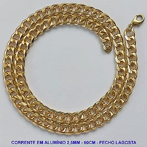 CORRENTE MASCULINA EM ALUMÍNIO ANODIZADOO - COMPRIMENTO: 60CM - LARGURA 8,5MM - ESPESSURA: 2,5MM - FECHO LAGOSTA - PESO 26,2GR - COMPOSIÇÃO: ALUMÍNIO - BRU9456